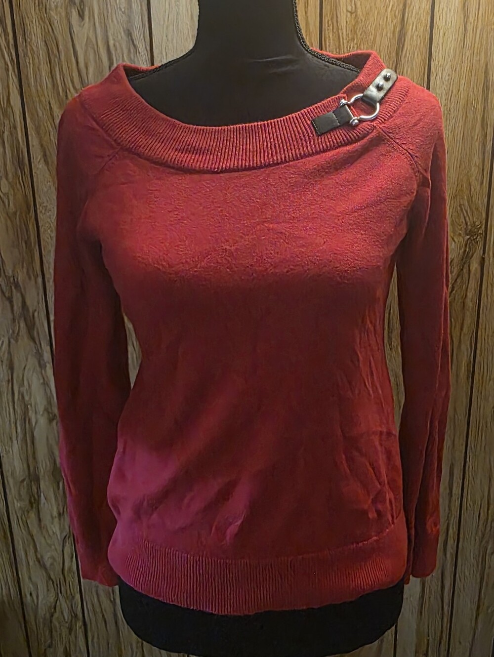 Ralph Lauren Off-Shoulder Red Sweater with Buckle Accent